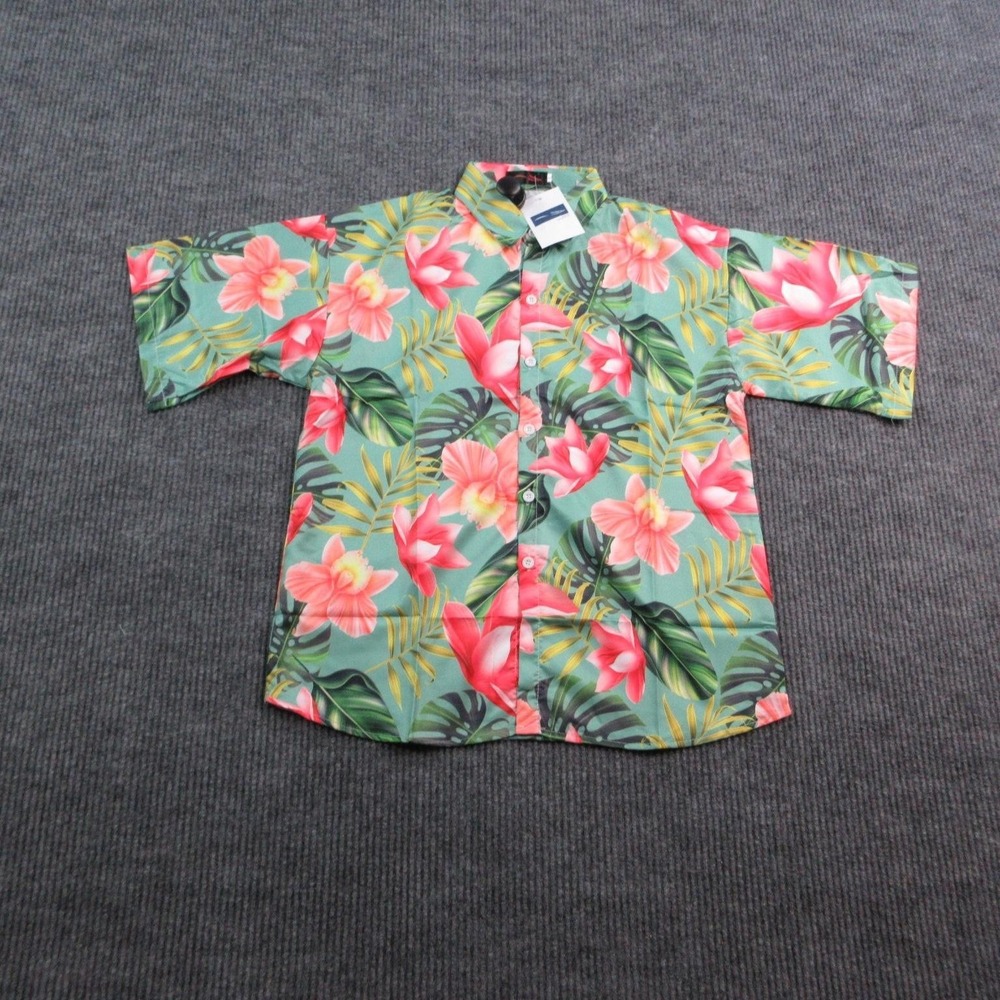 Design Trend Style Shirt Mens Large Green Floral Short Sleeve Button Relaxed NWT